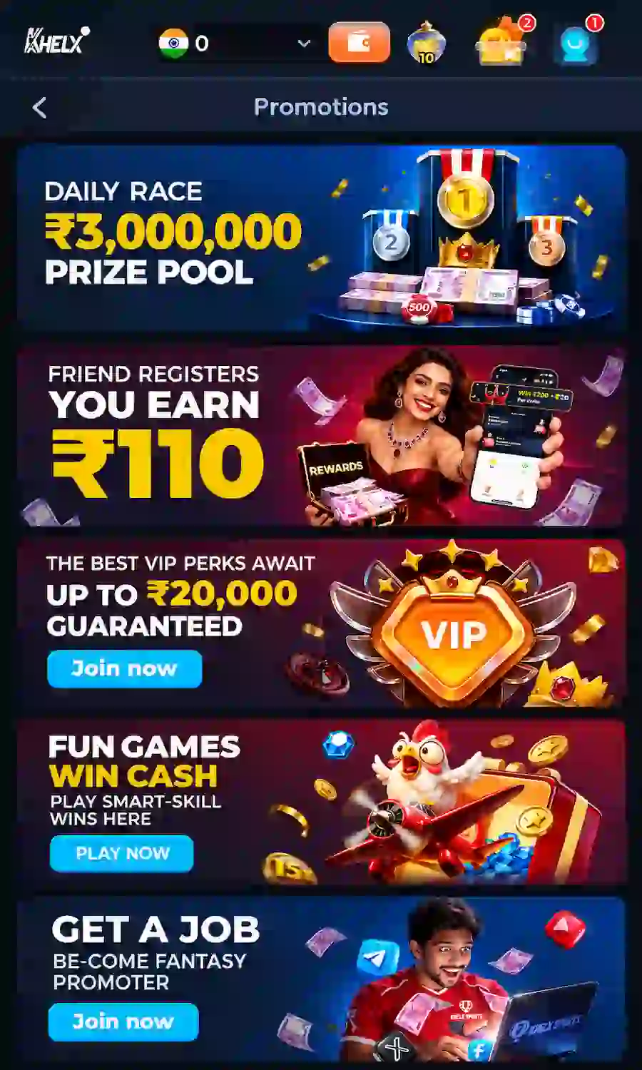 Khelx Game promotions screen showing Daily Race, VIP, referral and promotional game sections